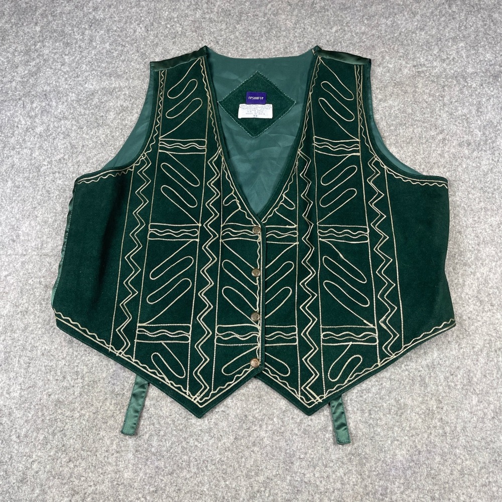 Resource Leather Embroidered Vest Womens 3X Green Genuine Western Boho V-Neck
